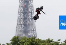 FLYING SOLDIERS: Jet-powered flyboard at Bastille Day military parade in France